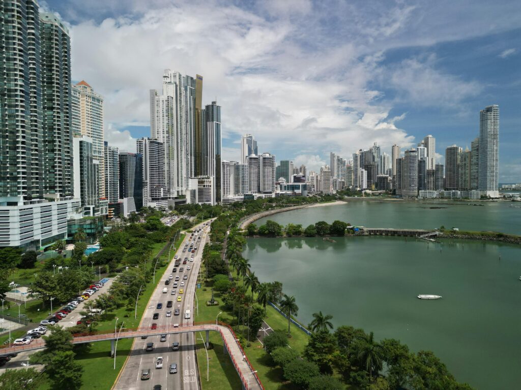 Panama City skyline with modern skyscrapers, a popular zero-tax jurisdiction for offshore company incorporation and international banking"