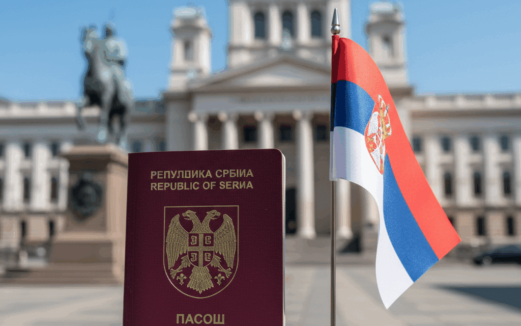 Serbian passport and national flag representing residency and citizenship considerations in Serbia