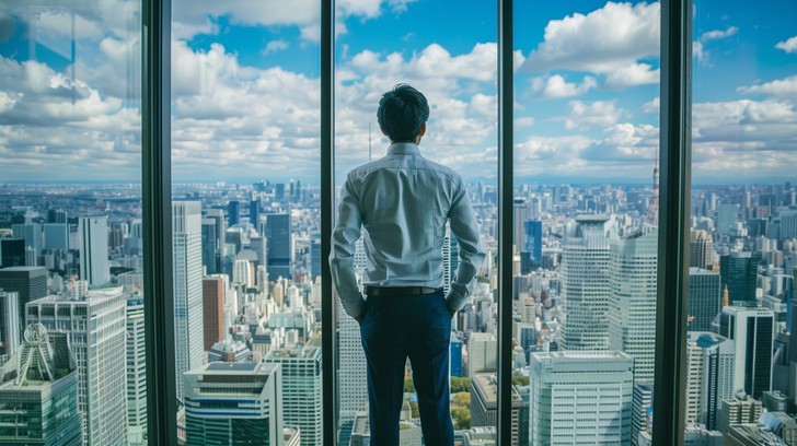 Business professional overlooking a modern city skyline from a high-rise office