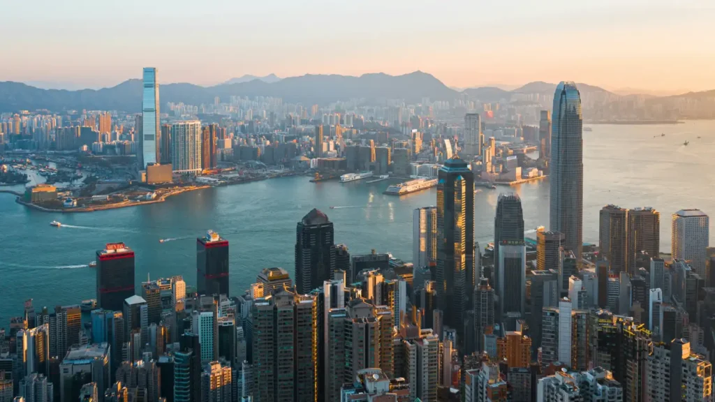 Aerial view of Hong Kong, a jurisdiction known for its territorial tax system and international holding structures.