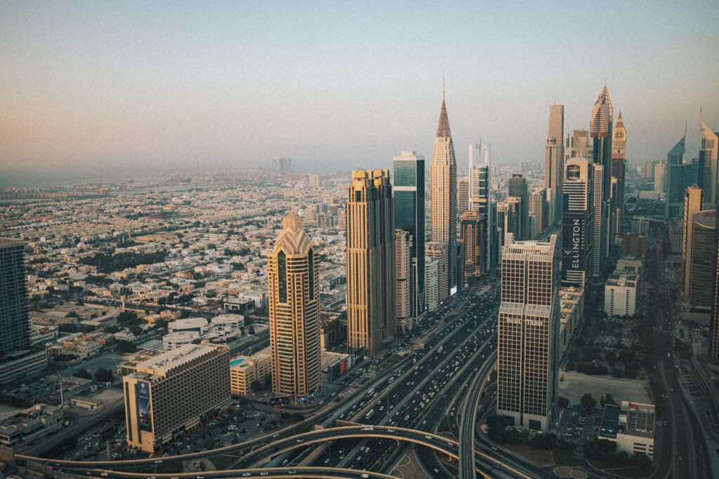 Dubai skyline with skyscrapers along Sheikh Zayed Road, one of the UAE’s main business and financial districts.