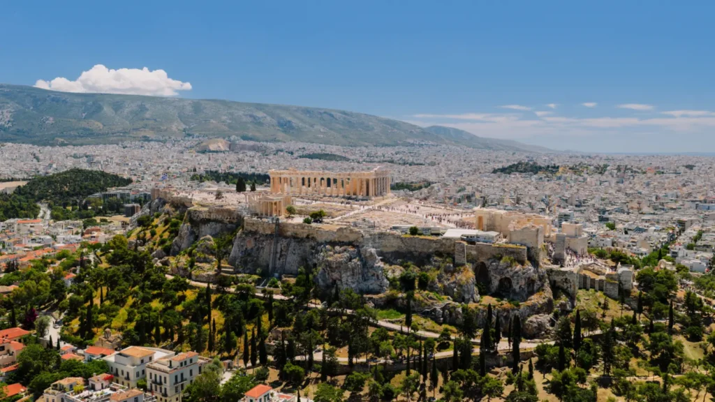 Aerial view of the Acropolis above Athens, capital of Greece and its residency programme