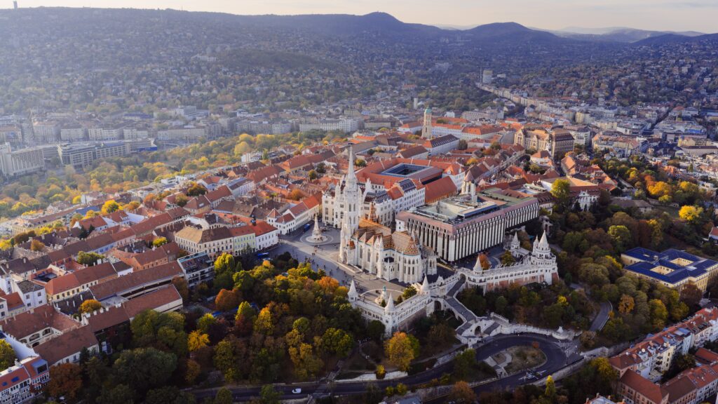 Aerial view of Fisherman's Bastion and Matthias Church in historic Budapest