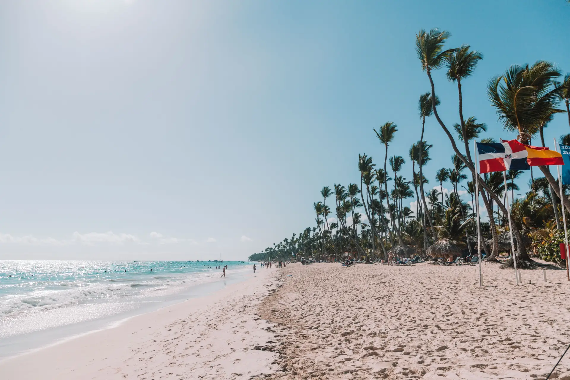 Palm trees and the Dominican flag on a white sand beach in Punta Cana